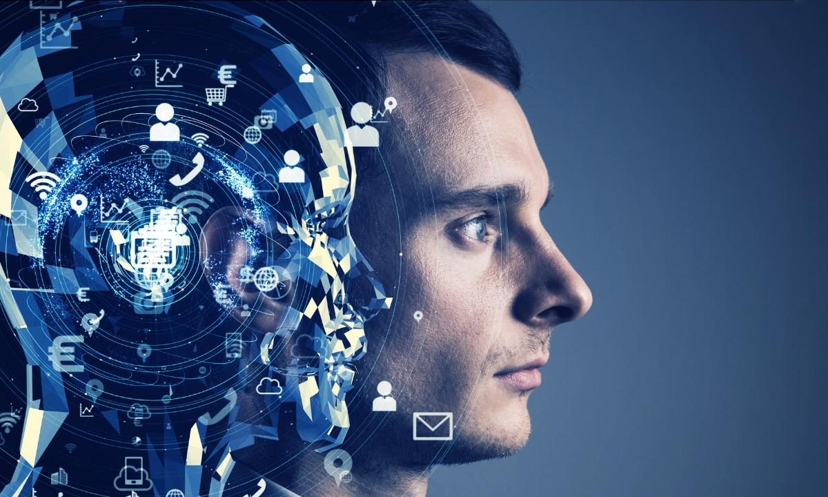A man's head next to the representation of an AI head
