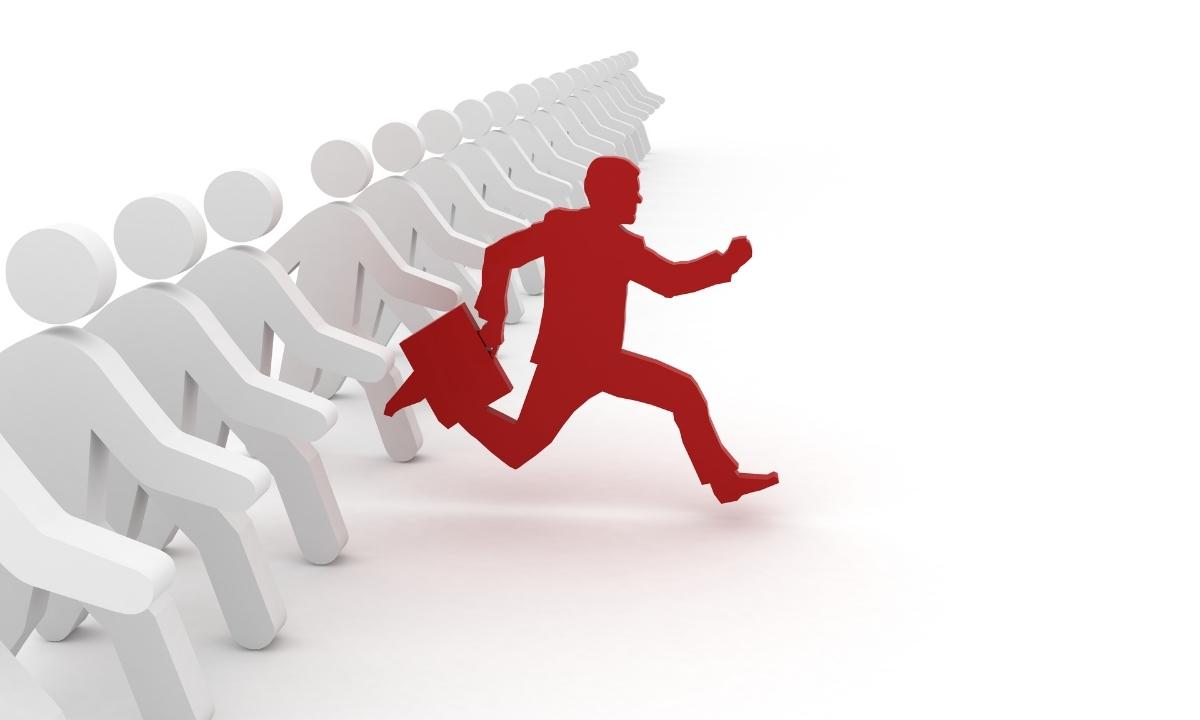 graphic of people moving in a line while one person in red is running ahead